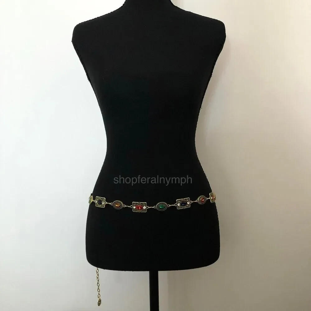 Women's Gold Colorful Jewel Chain Belt Body Chain, Fits 26-43 Inches, X7GA1235